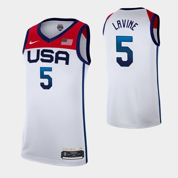 Men's USA Basketball #5 Zach LaVine 2021 White Olympics Stitched Home Jersey Men's USA Basketball #5 Zach LaVine 2021 White Olympics Stitched Home Jersey